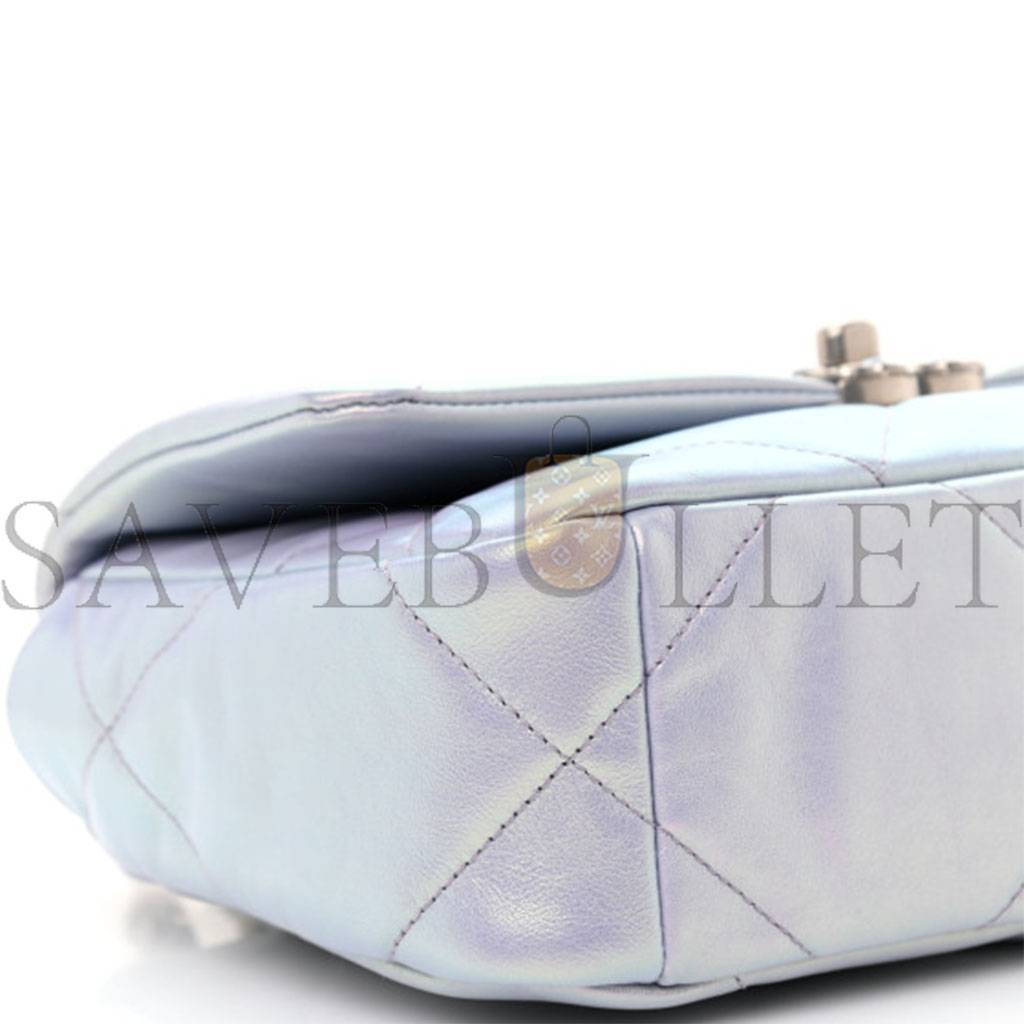 CHANEL IRIDESCENT CALFSKIN QUILTED MEDIUM CHANEL 19 FLAP LIGHT SILVER PURPLE BLUE AS1160  (26*17*8cm)